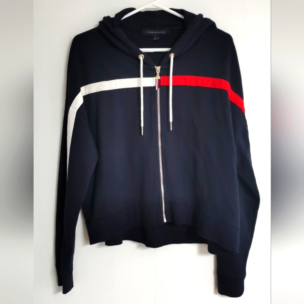 Tommy Hilfiger Women's M Navy Blue With White & Red Striped Hoodie